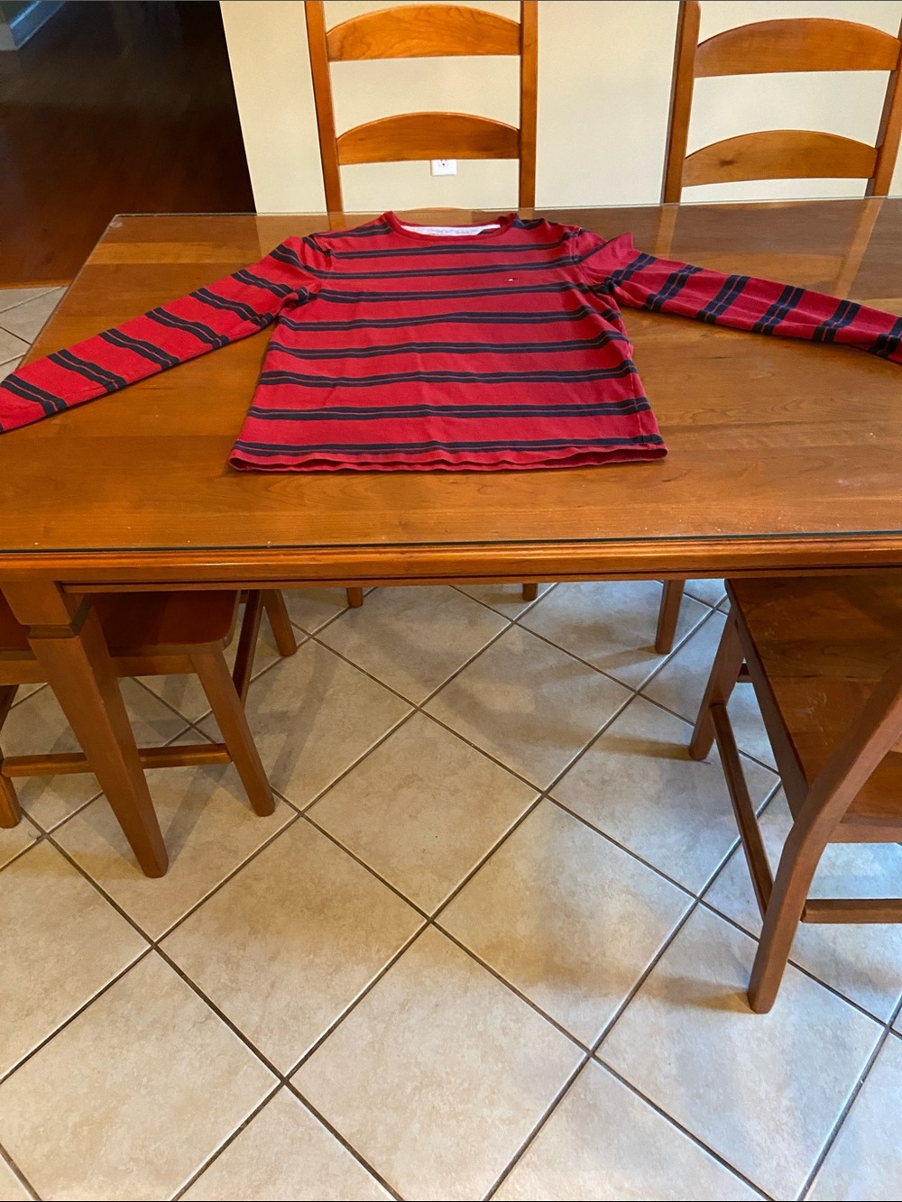 Tommy Hilfiger Red & Black Striped Long-Sleeve Crewneck Top. Cotton. M
